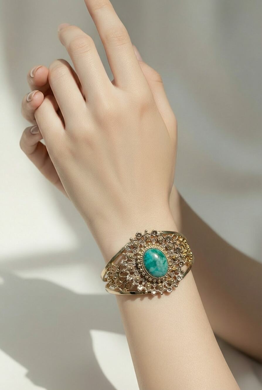 Stunning Vintage Gold-Tone Filigree Cuff Bracelet with Green Cabochon Gem
